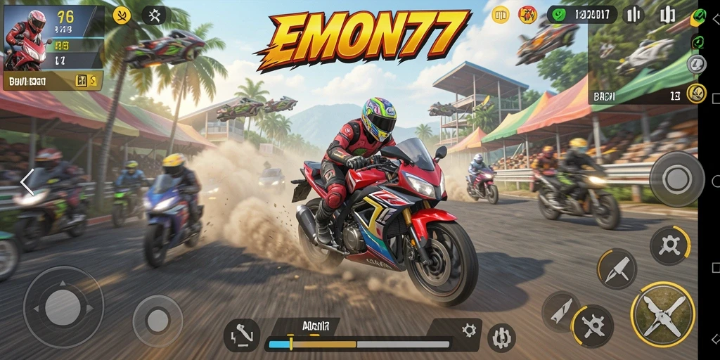 Screenshot EMON77 menampilkan aksi balapan motor yang mendebarkan.