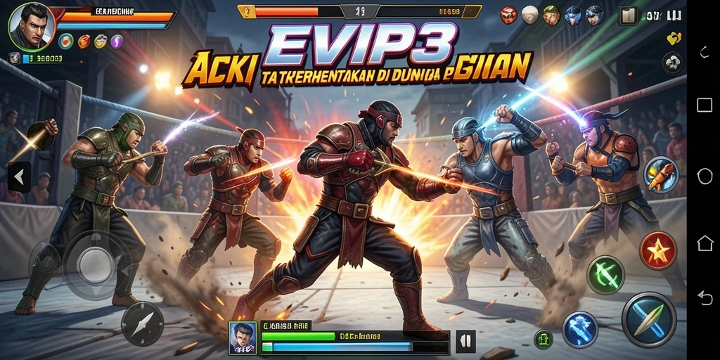 Gameplay dinamis dan mendebarkan dari EVIP3 di arena pertarungan.