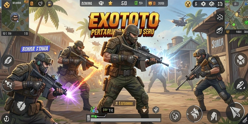 Screenshot EXOTOTO menampilkan aksi seru dalam pertarungan Battle Royale.