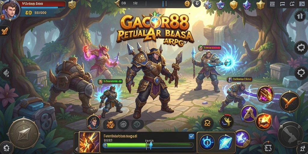 Screenshot utama GACOR88 menampilkan aksi pertarungan epik dalam dunia fantasi.